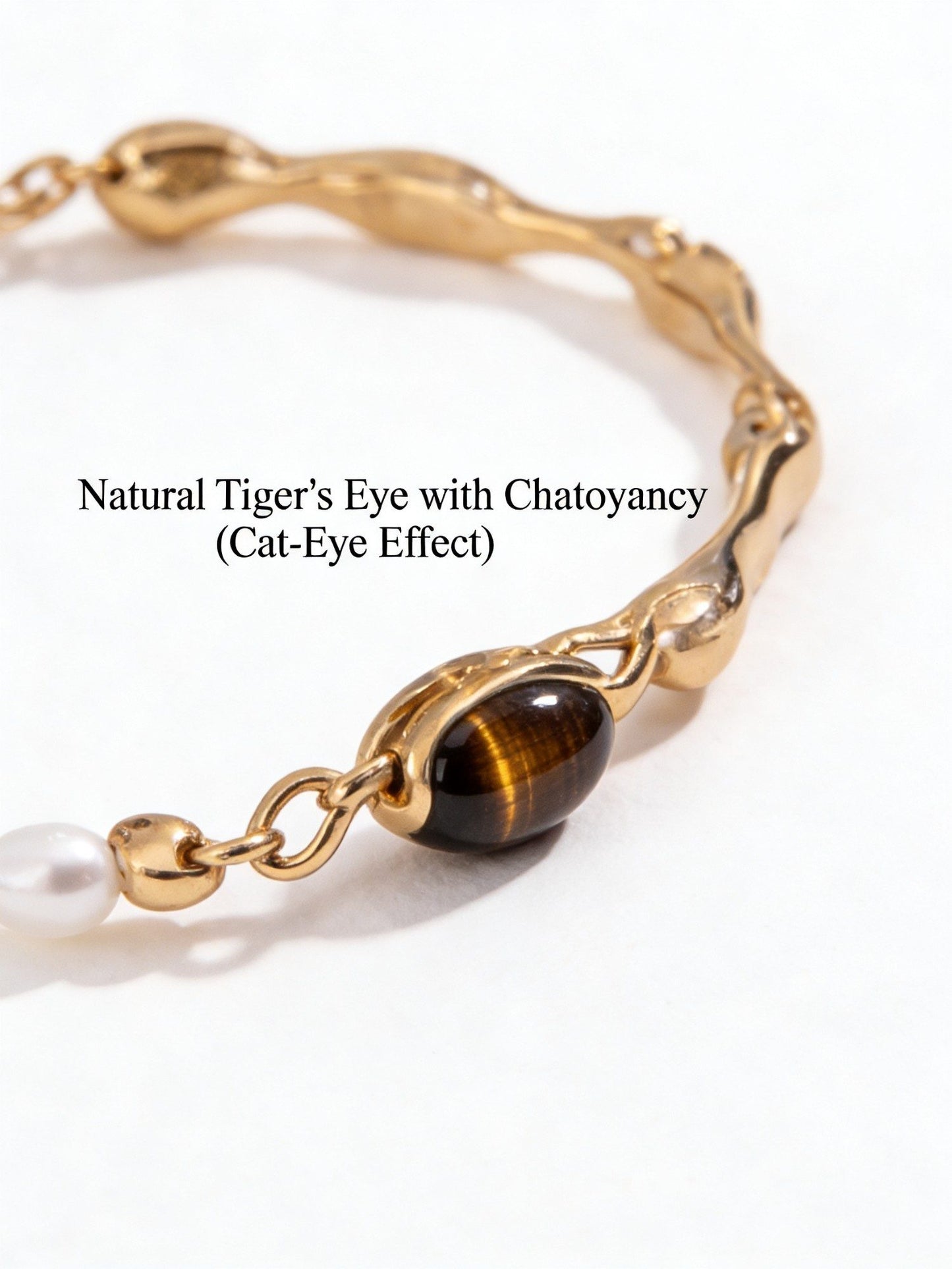 Vintage Organic Tiger's Eye Jewelry Collection - S925 Silver Crushed Gold Necklace, Pearl Bracelet & Earrings