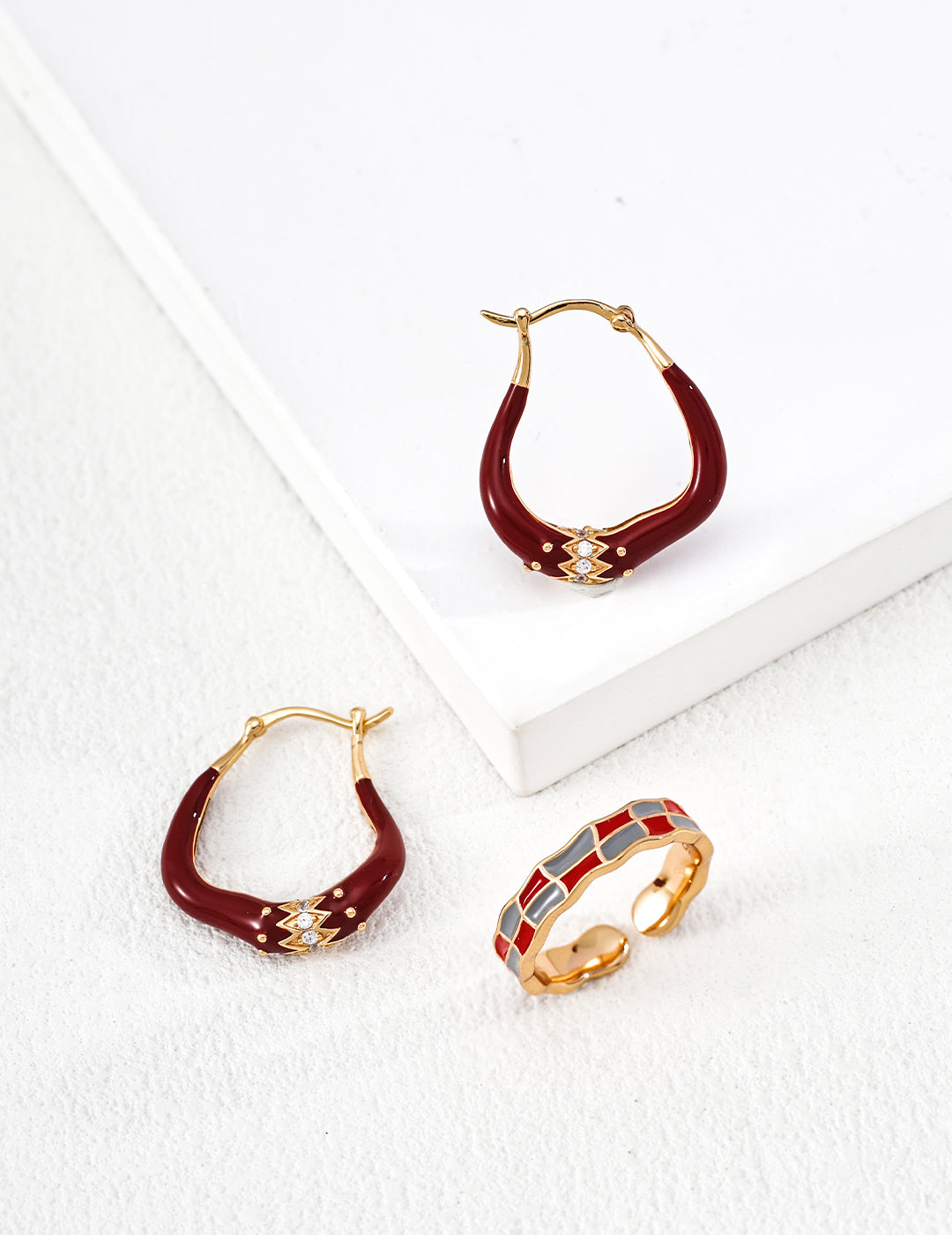 Red Enamel Drop Earrings with Gold Crown Detail – 925 Sterling Silver Jewelry Set