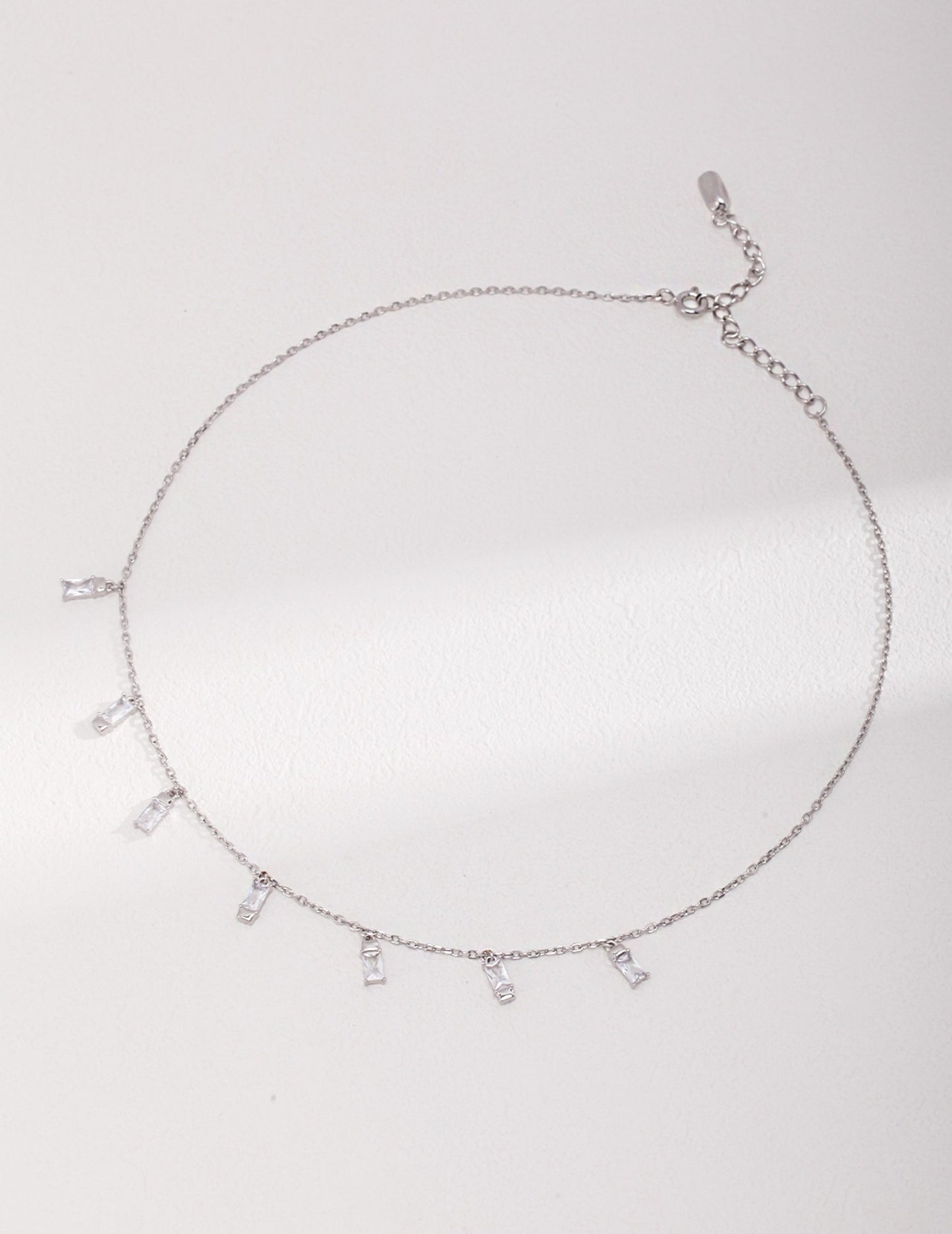 925 Sterling Silver Dainty Zircon Tassel Necklace - Minimalist Rectangular Crystal Choker, Adjustable Layering Jewelry, Gift for Her