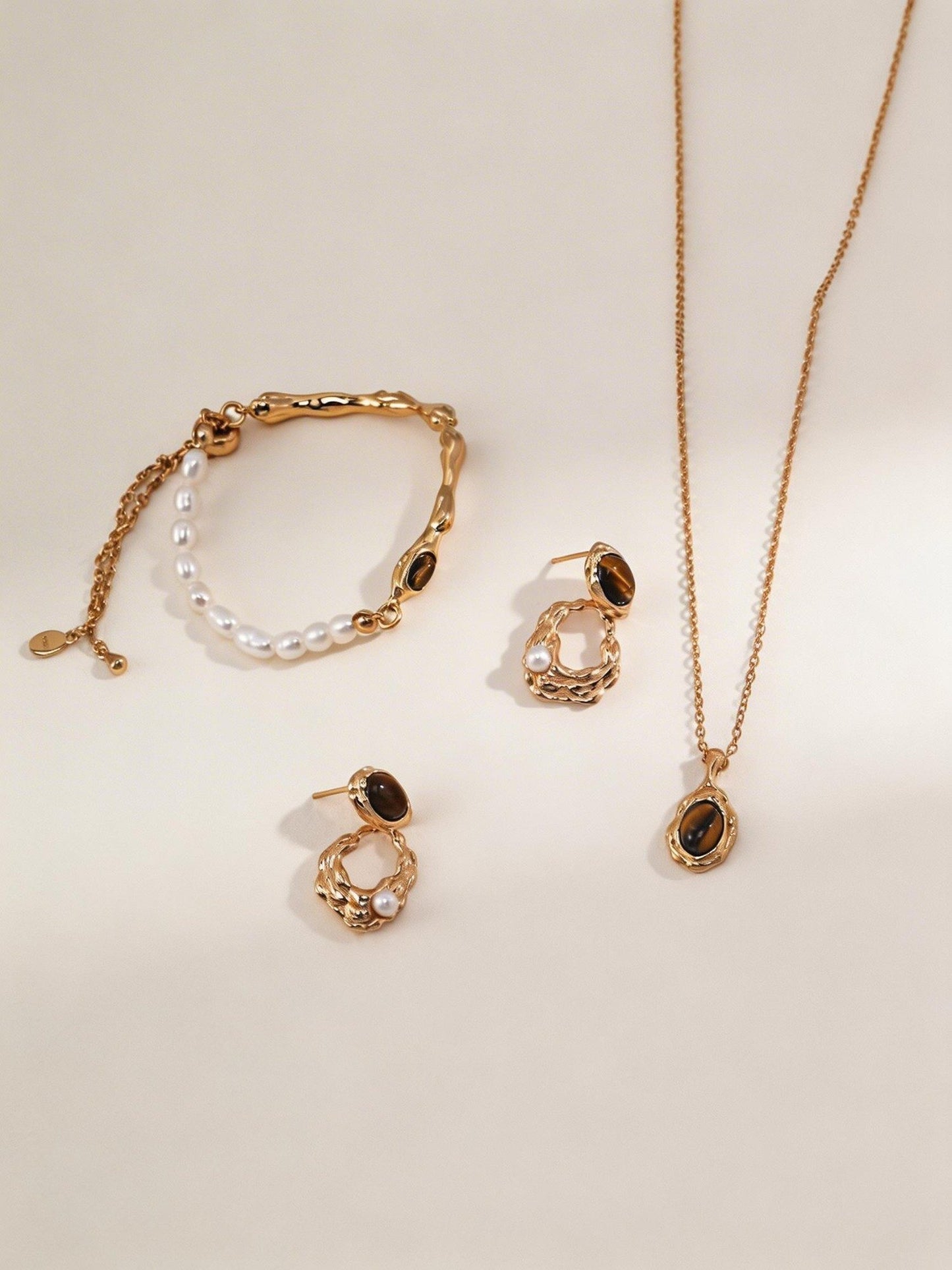 Vintage Organic Tiger's Eye Jewelry Collection - S925 Silver Crushed Gold Necklace, Pearl Bracelet & Earrings