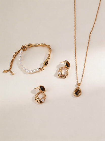 Vintage Organic Tiger's Eye Jewelry Collection - S925 Silver Crushed Gold Necklace, Pearl Bracelet & Earrings