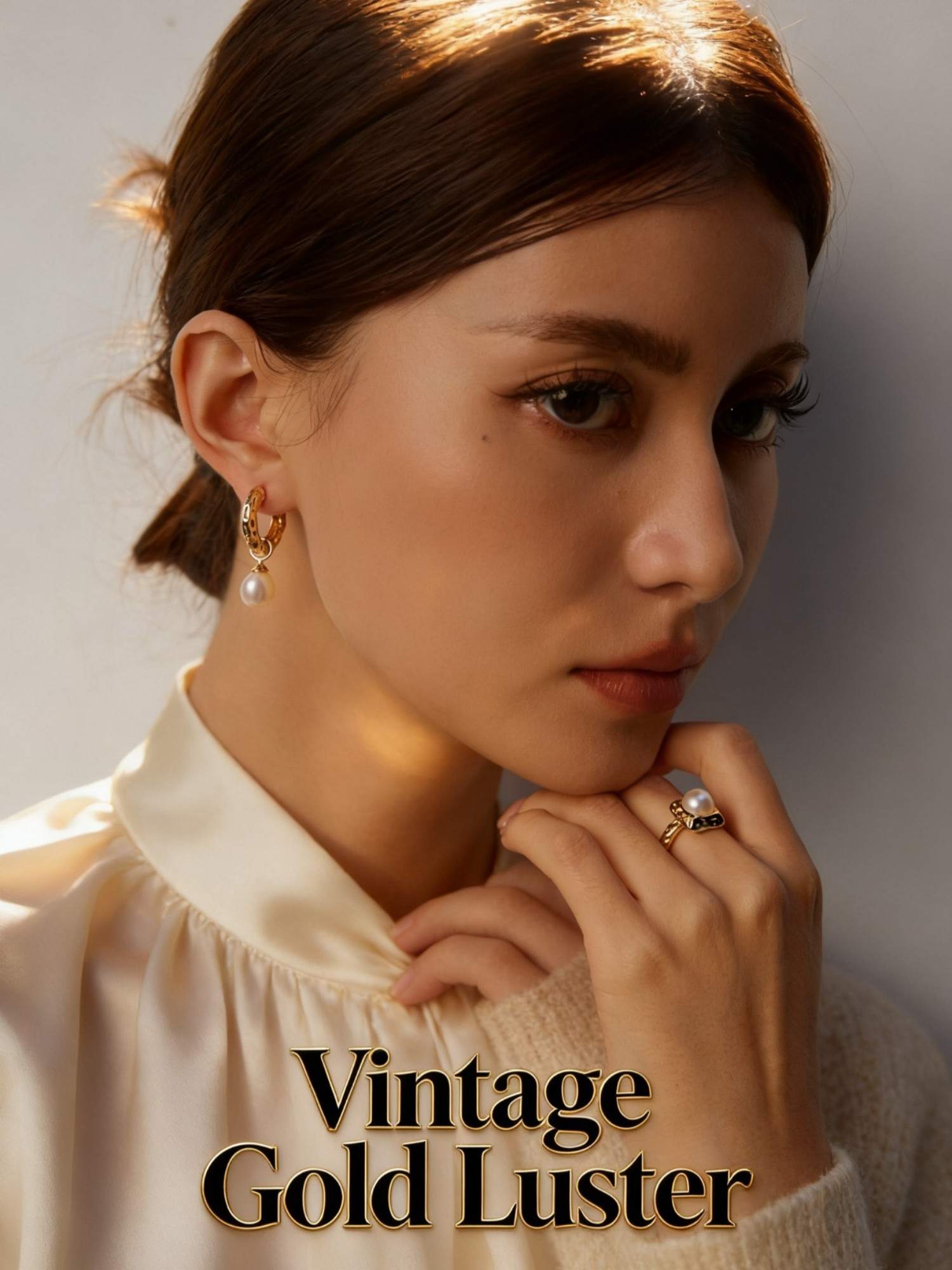 On-hand view of vintage gold hammered pearl ring styled with silk shirt