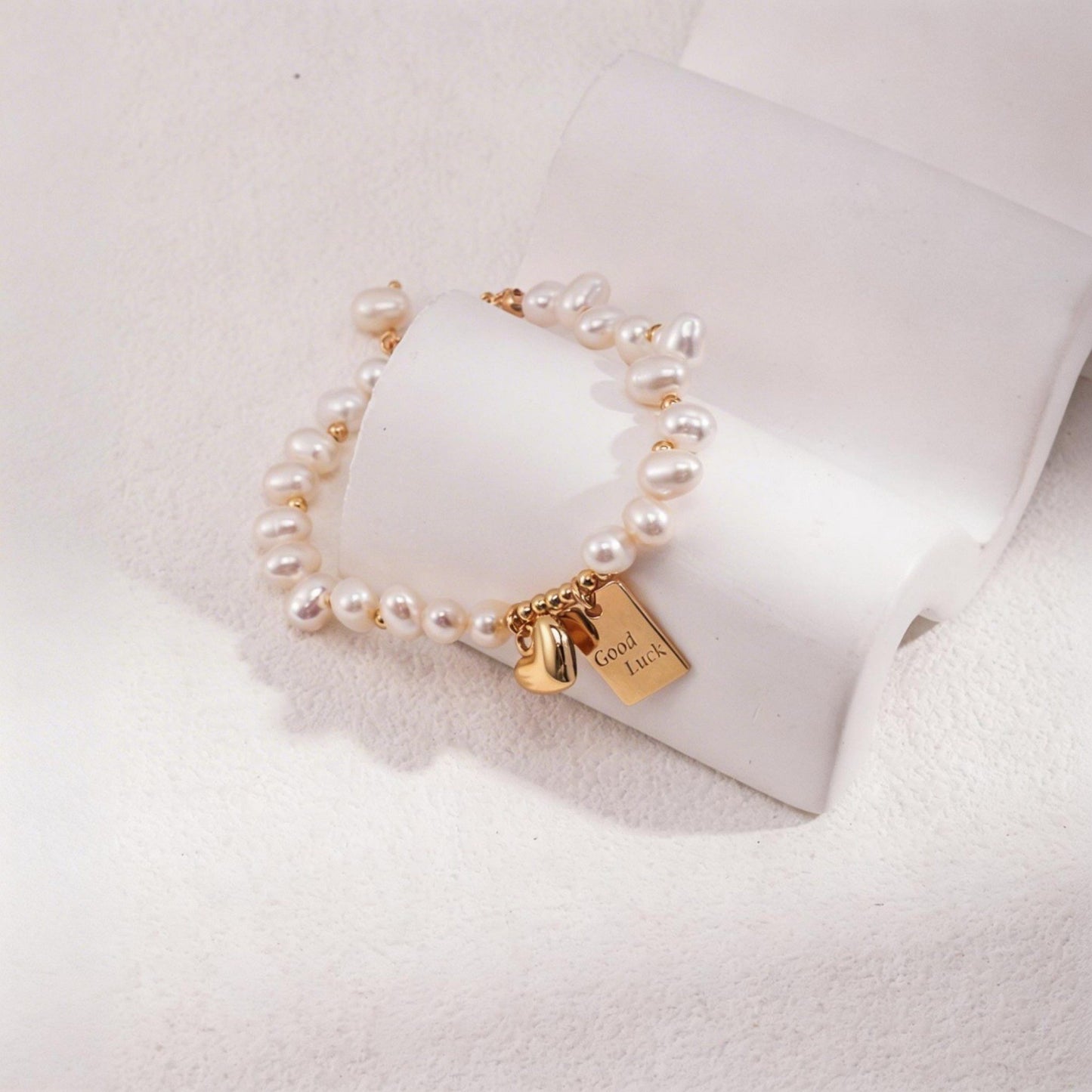 Freshwater Pearl Bracelet in Sterling Silver – Adjustable Gold & Platinum Finish “Good Luck” Charm Bracelet for Women