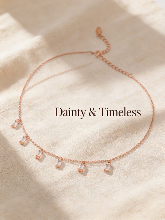 925 Sterling Silver Dainty Zircon Tassel Necklace - Minimalist Rectangular Crystal Choker, Adjustable Layering Jewelry, Gift for Her