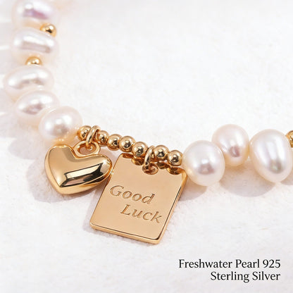 Freshwater Pearl Bracelet in Sterling Silver – Adjustable Gold & Platinum Finish “Good Luck” Charm Bracelet for Women