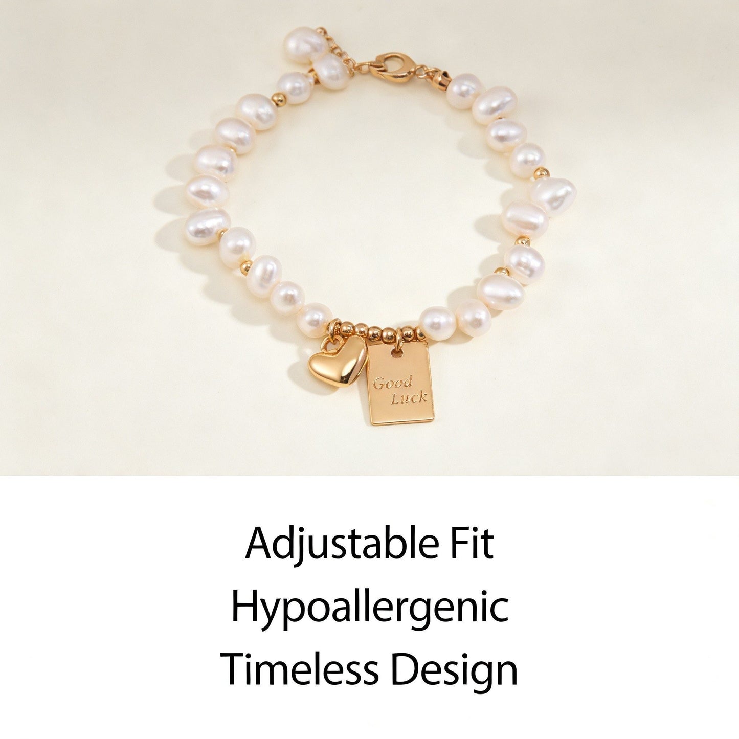 Freshwater Pearl Bracelet in Sterling Silver – Adjustable Gold & Platinum Finish “Good Luck” Charm Bracelet for Women