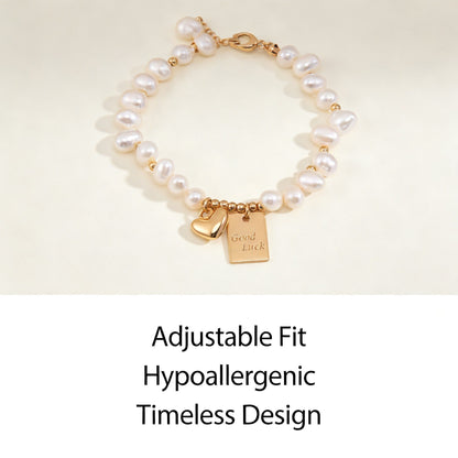 Freshwater Pearl Bracelet in Sterling Silver – Adjustable Gold & Platinum Finish “Good Luck” Charm Bracelet for Women
