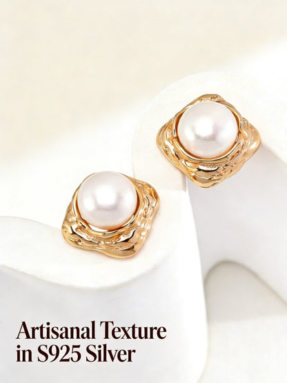 Timeless Aura" Hammered Pearl Stud Earrings in S925 Sterling Silver