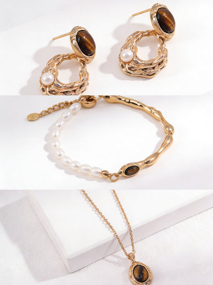 Vintage Organic Tiger's Eye Jewelry Collection - S925 Silver Crushed Gold Necklace, Pearl Bracelet & Earrings