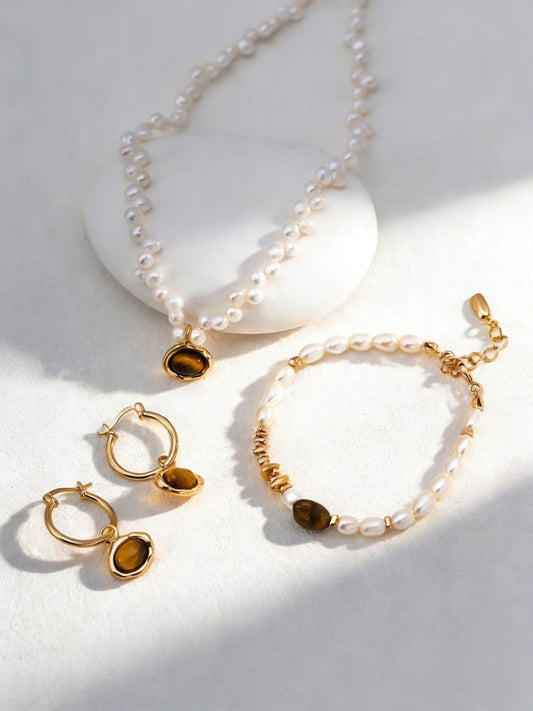 The "Caramel Macchiato" Collection - Natural Pearl & Tiger's Eye Jewelry Set in S925 Silver