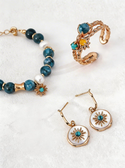 The "Azure Sun" Collection - S925 Silver White Shell & Turquoise Jewelry Set (Earrings & Bracelet)