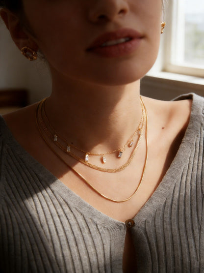 925 Sterling Silver Dainty Zircon Tassel Necklace - Minimalist Rectangular Crystal Choker, Adjustable Layering Jewelry, Gift for Her