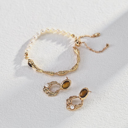 Vintage Organic Tiger's Eye Jewelry Collection - S925 Silver Crushed Gold Necklace, Pearl Bracelet & Earrings
