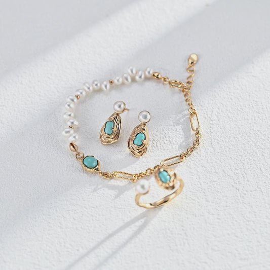 Vintage Pearl & Turquoise Bracelet in 925 Sterling Silver – French Elegant Classic Jewelry for Women