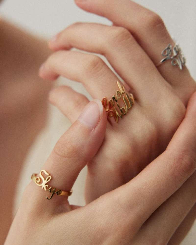 925 Sterling Silver Plated 18K Gold Custom Cursive Letter Ring