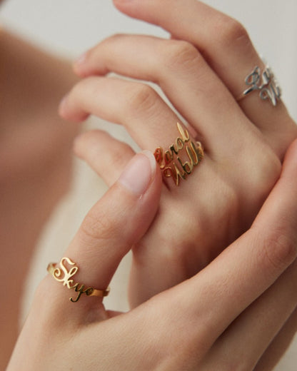 925 Sterling Silver Plated 18K Gold Custom Cursive Letter Ring