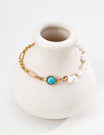 Vintage Pearl & Turquoise Bracelet in 925 Sterling Silver – French Elegant Classic Jewelry for Women