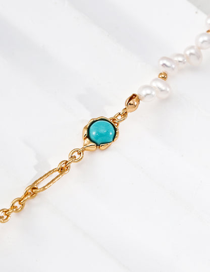 Vintage Pearl & Turquoise Bracelet in 925 Sterling Silver – French Elegant Classic Jewelry for Women