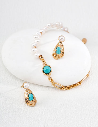 Vintage Pearl & Turquoise Bracelet in 925 Sterling Silver – French Elegant Classic Jewelry for Women
