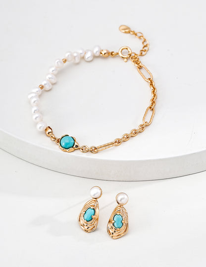 Vintage Pearl & Turquoise Bracelet in 925 Sterling Silver – French Elegant Classic Jewelry for Women
