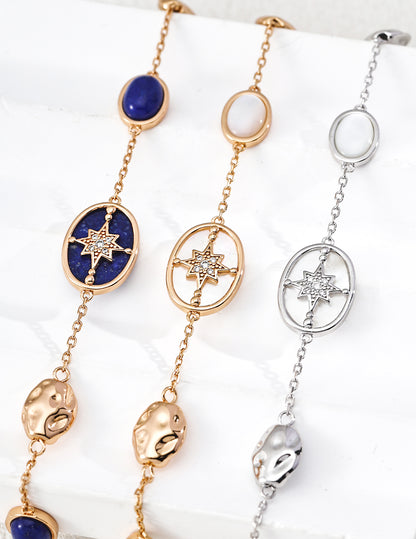 Celestial Mother-of-Pearl & Lapis Lazuli Bracelet – Starburst Design in 925 Sterling Silver