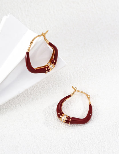 Red Enamel Drop Earrings with Gold Crown Detail – 925 Sterling Silver Jewelry Set