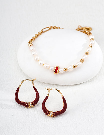 Red Enamel Drop Earrings with Gold Crown Detail – 925 Sterling Silver Jewelry Set