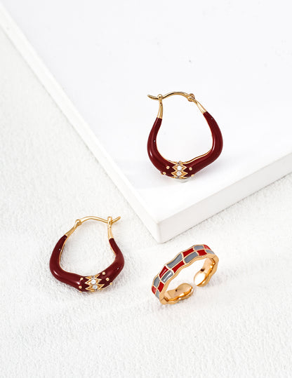 Red Enamel Drop Earrings with Gold Crown Detail – 925 Sterling Silver Jewelry Set