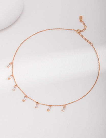 925 Sterling Silver Dainty Zircon Tassel Necklace - Minimalist Rectangular Crystal Choker, Adjustable Layering Jewelry, Gift for Her