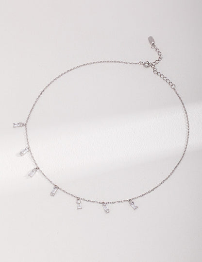 925 Sterling Silver Dainty Zircon Tassel Necklace - Minimalist Rectangular Crystal Choker, Adjustable Layering Jewelry, Gift for Her